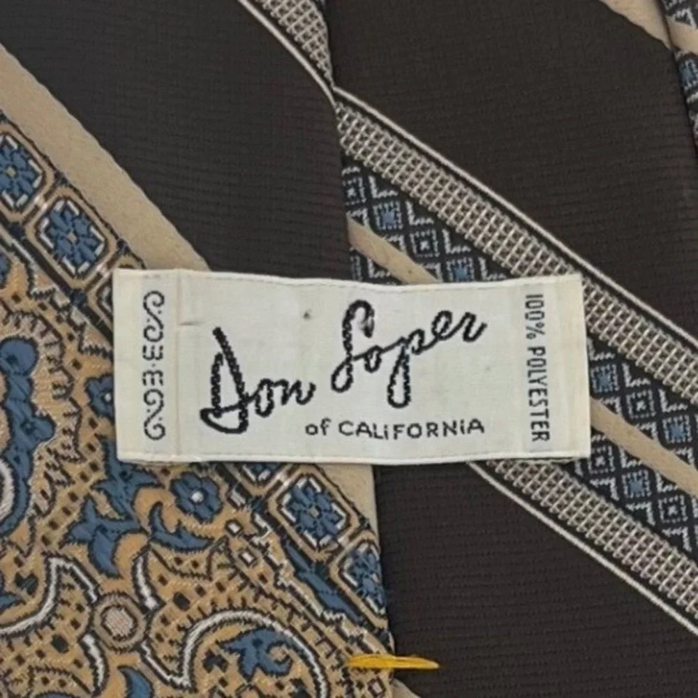 VTG Don Loper MCM Brown Peach Blue Floral Paisley Striped Beverly Hills Tie 70's